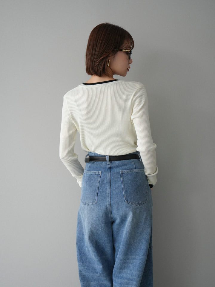 [SET]バイカラーキーネックリブニットトップス+ハイウエストベルトループデザインデニムパンツ(2set)