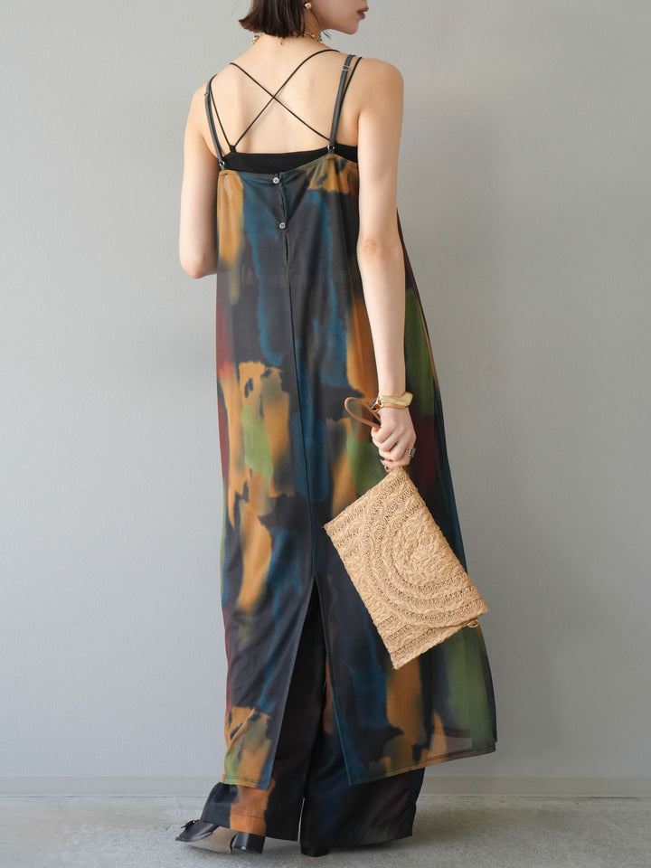 [予約]水彩アートシアーキャミワンピース/チャコール