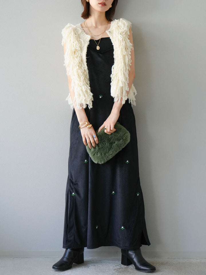 [予約]フラワー刺繍ベロアキャミワンピース/ブラック