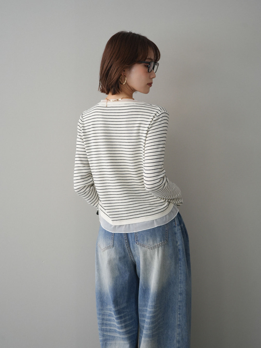 [予約]チュールレイヤードデザインボーダーニットトップス/ivory