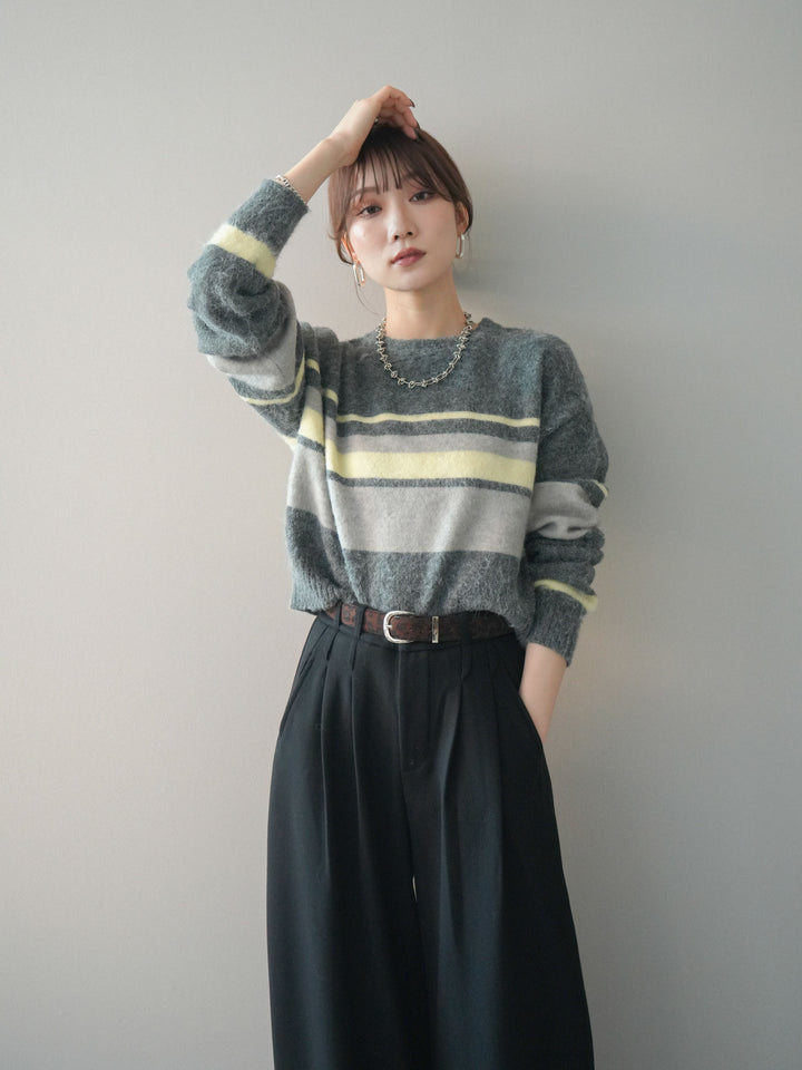 [予約]ソフトタッチボーダークロップドニットプルオーバー/charcoal