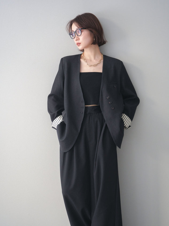 [SET]ノーカラージャケット+サテンベルトタックワイドパンツ(2set)