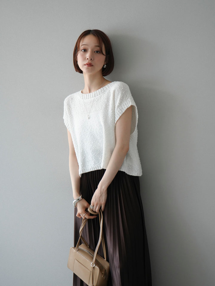 [SET]ネップヤーンクロップドニットベスト+サテンプリーツマキシスカート(2set)