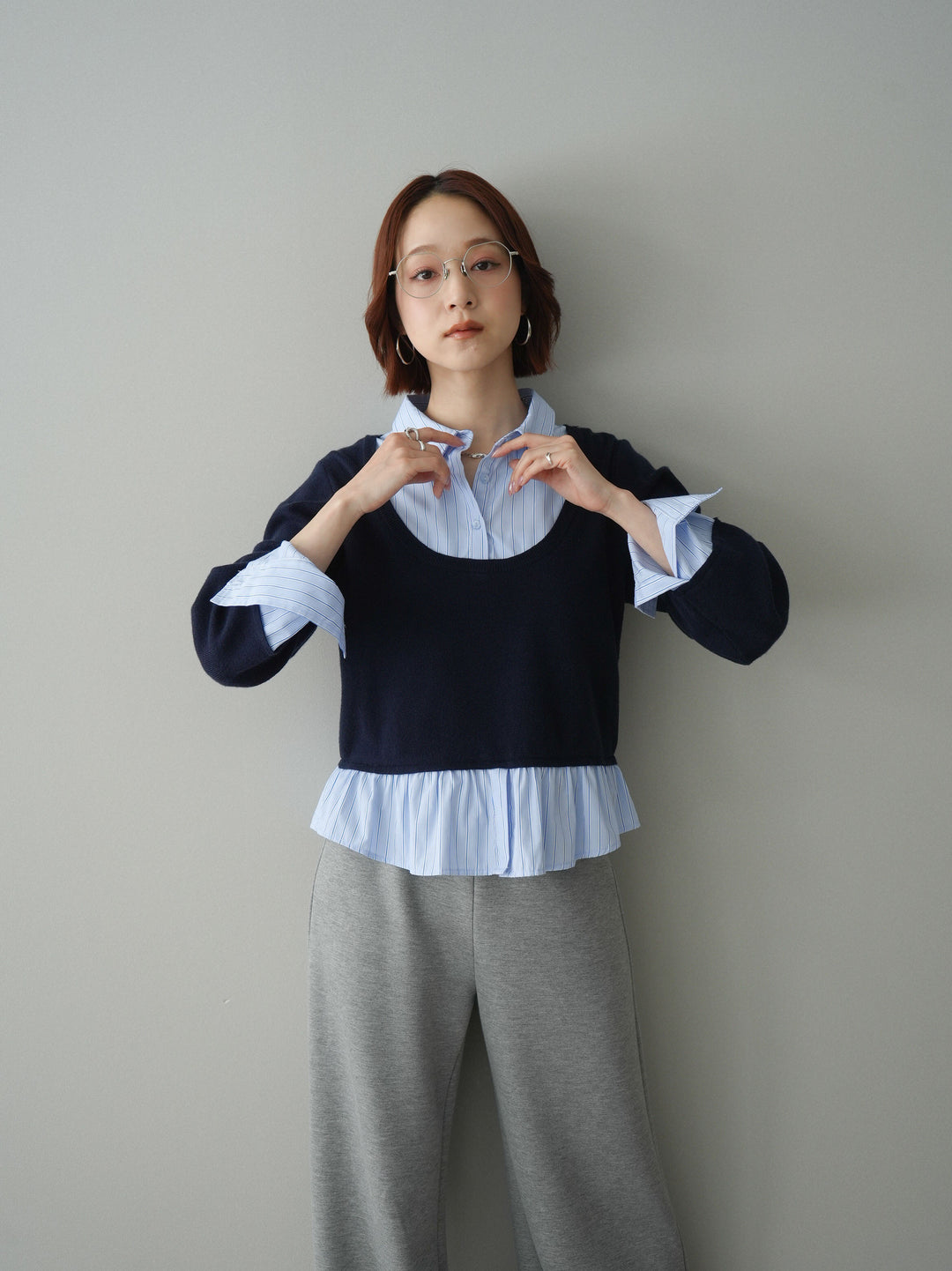 [SET]ストライプシャツUネックドッキングニットプルオーバー+イージーポンチワイドパンツ(2set)