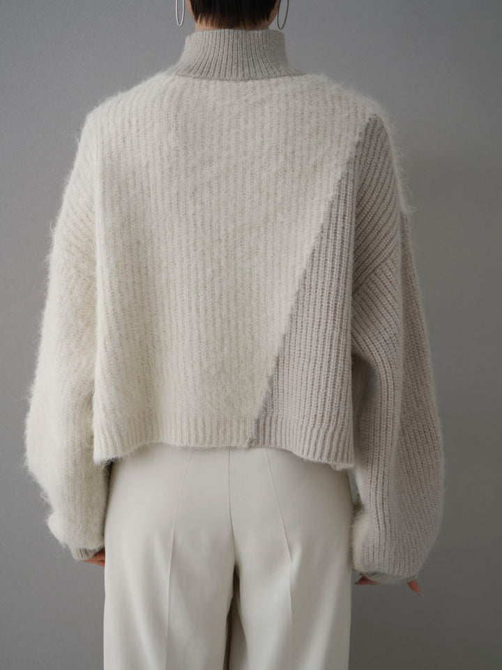 [Pre-order] Bicolor high-neck short knit pullover made from different materials/ivory
