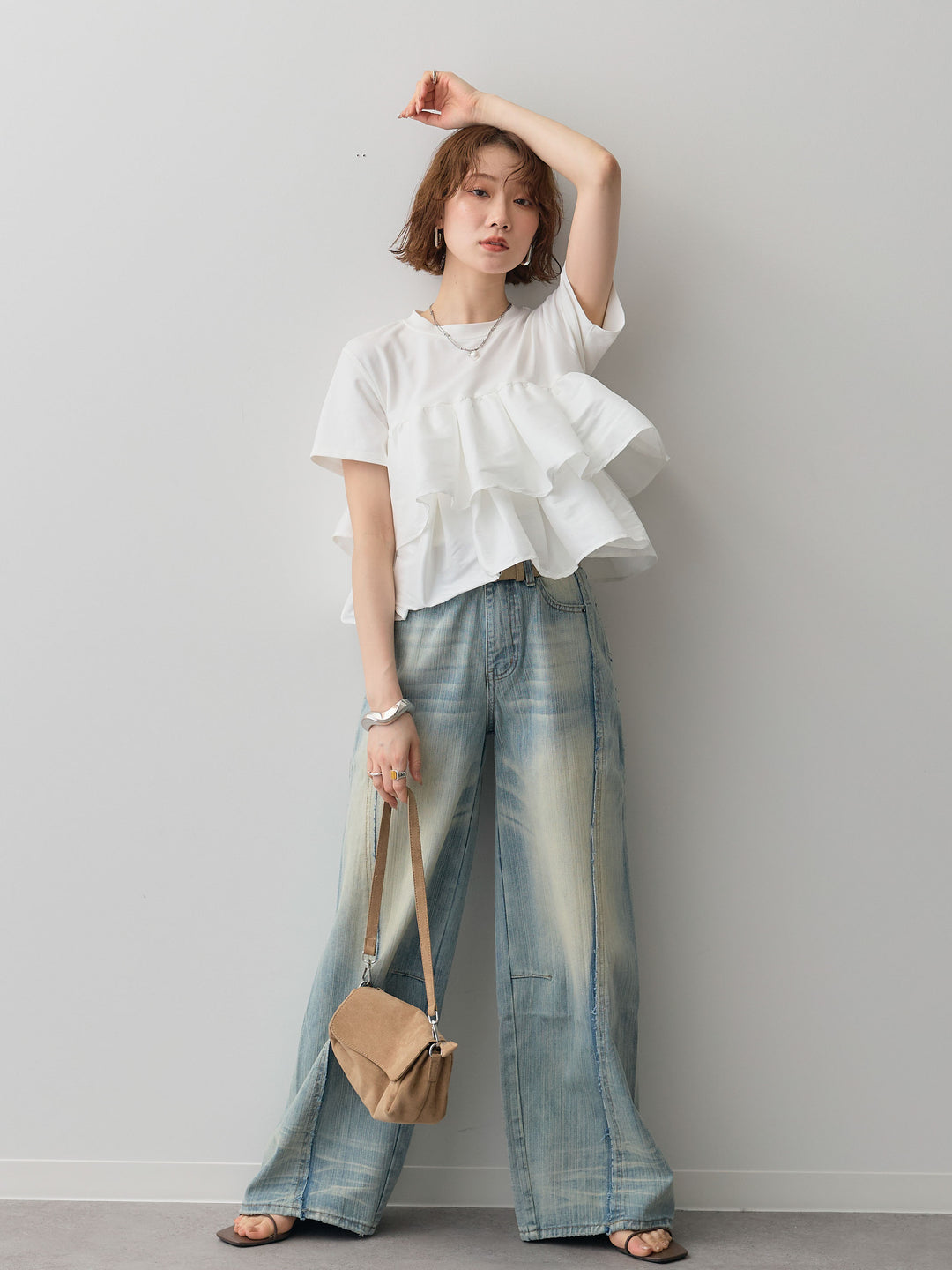 [SET]フリルティアードTEE+縦ウォッシュワイドデニムパンツ(2set)