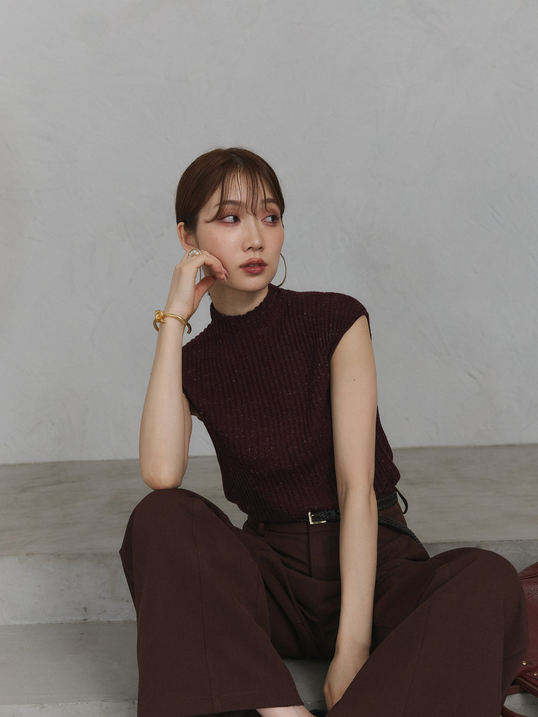 【Allure】[SET]ミックスヤーンデザインリブフレンチスリーブニット+ミックスヤーンデザインリブフレンチスリーブニット(2set)