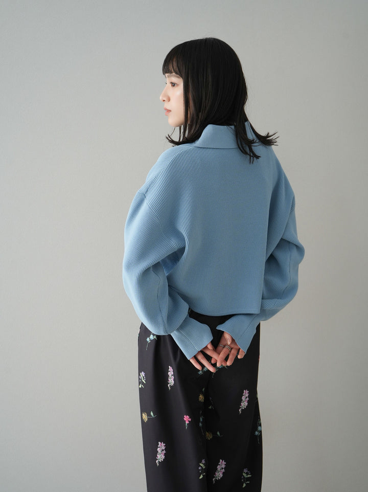 [SET]ボリュームスリーブポロニットカーディガン+フラワーアートプリントタックパンツ(2set)