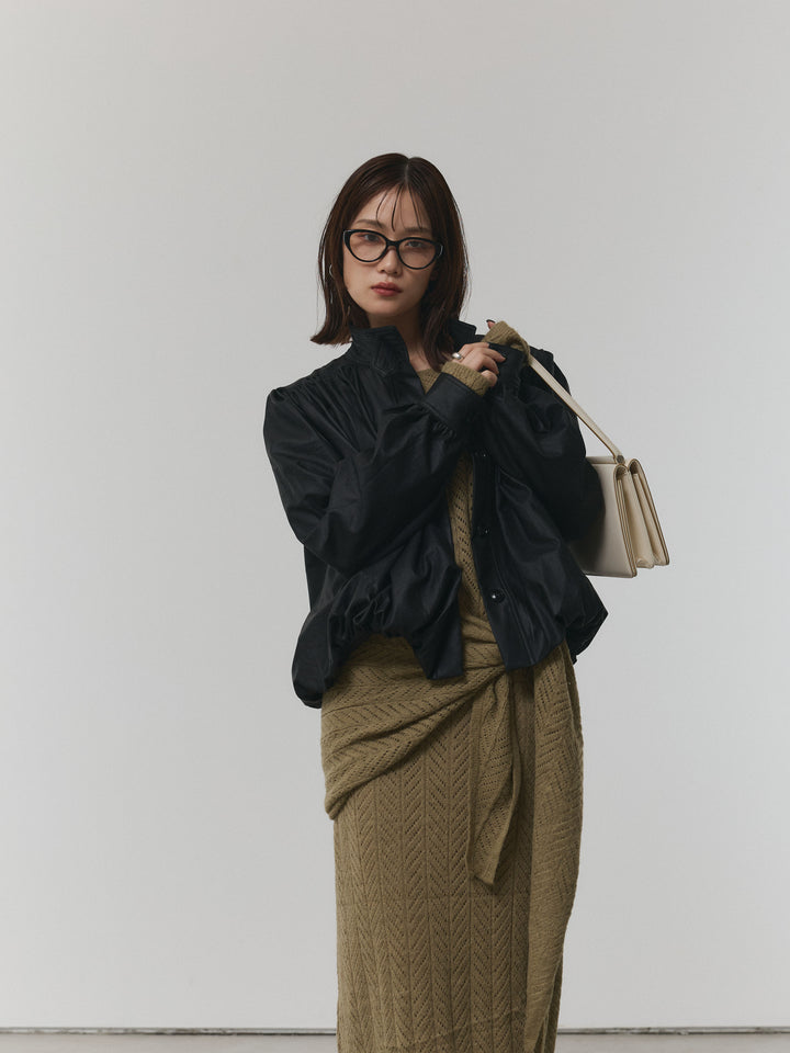 【Allure】[SET]透かし編みニットトップス＆スカート3SET+ベルト付バルーンレザーブルゾン(2set)