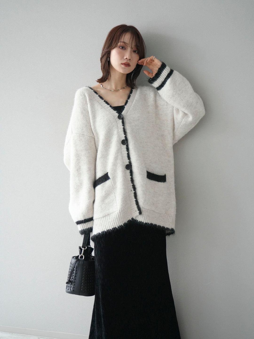 [予約]バイカラーラメニットカーディガン/ivory