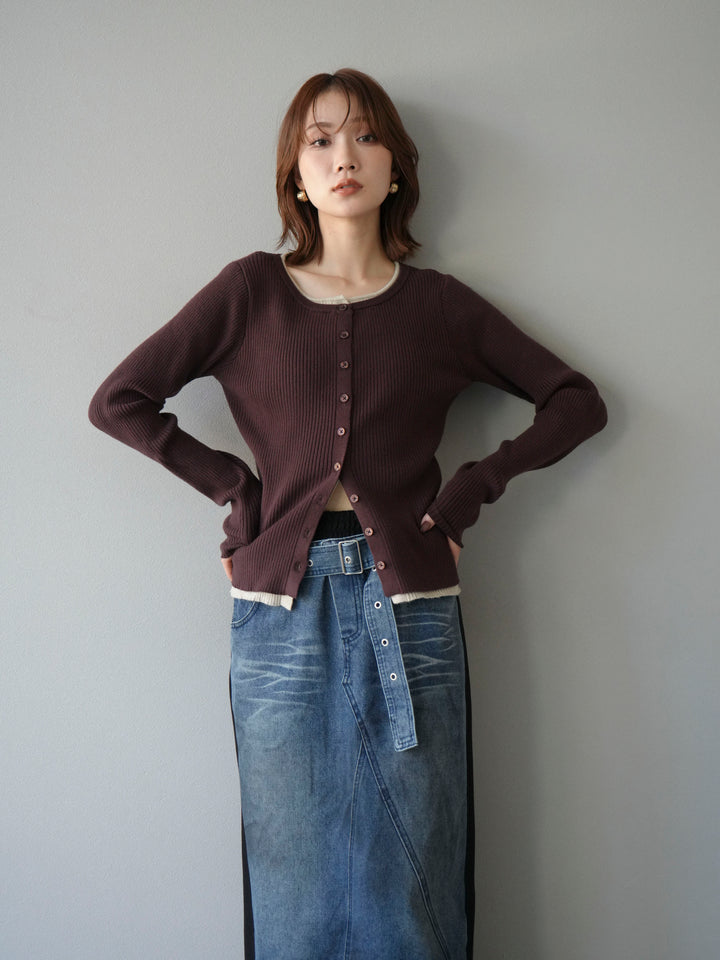 [予約]レイヤード配色ニットカーディガン/ブラウン