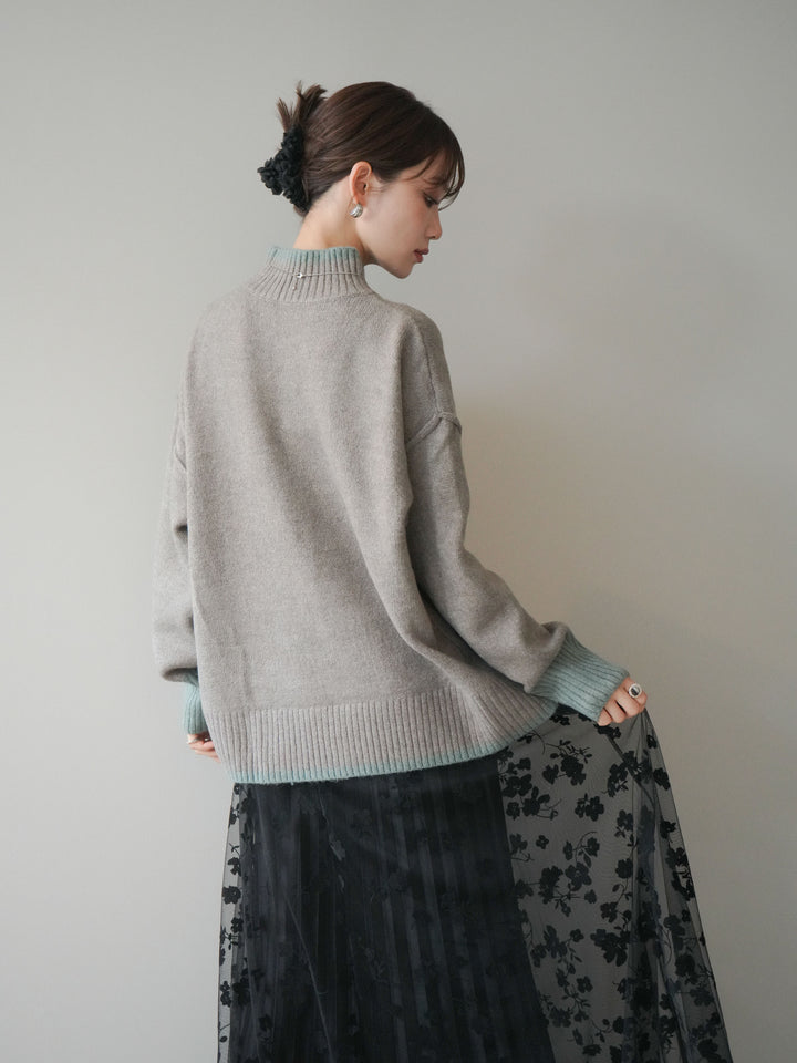 [SET]配色ハイネックニットプルオーバー+フラワーフロッキーチュールプリーツスカート(2set)