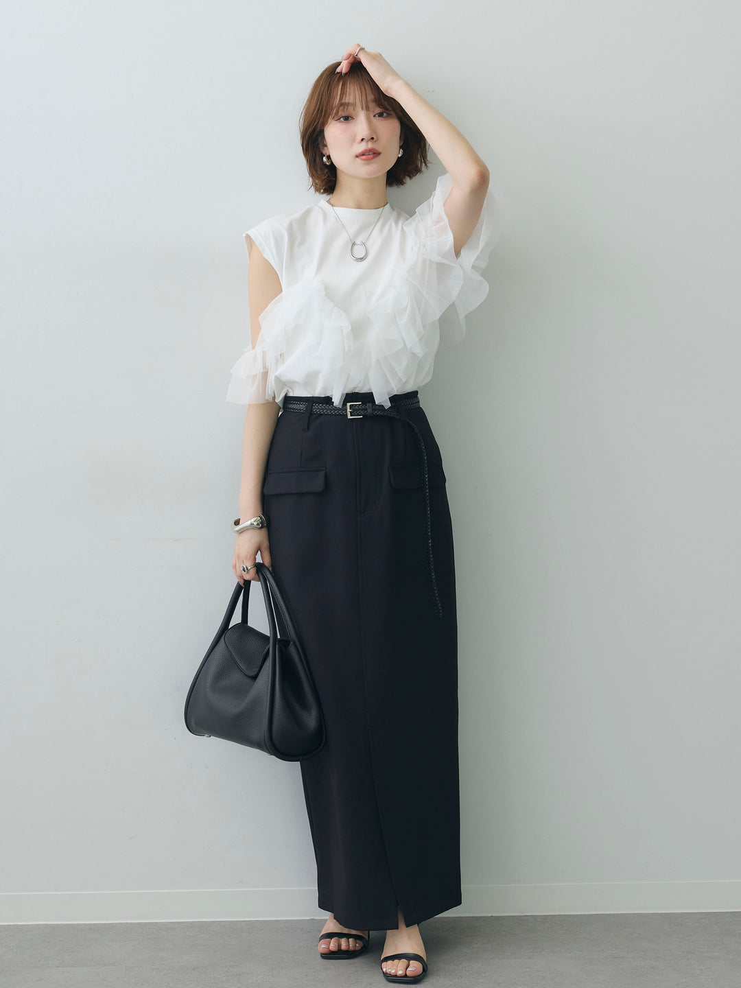 [SET]マルチwayフリルフレンチTEE+クレープデシンフラップ付きストレートスカート(2set)