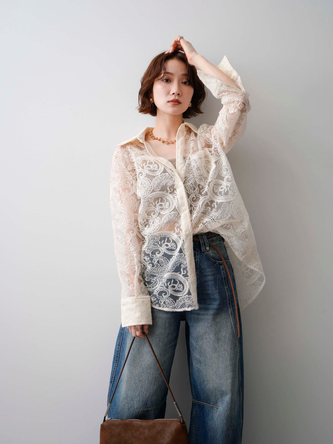 [予約]シアーペイズリー刺繍長袖ブラウス/ivory