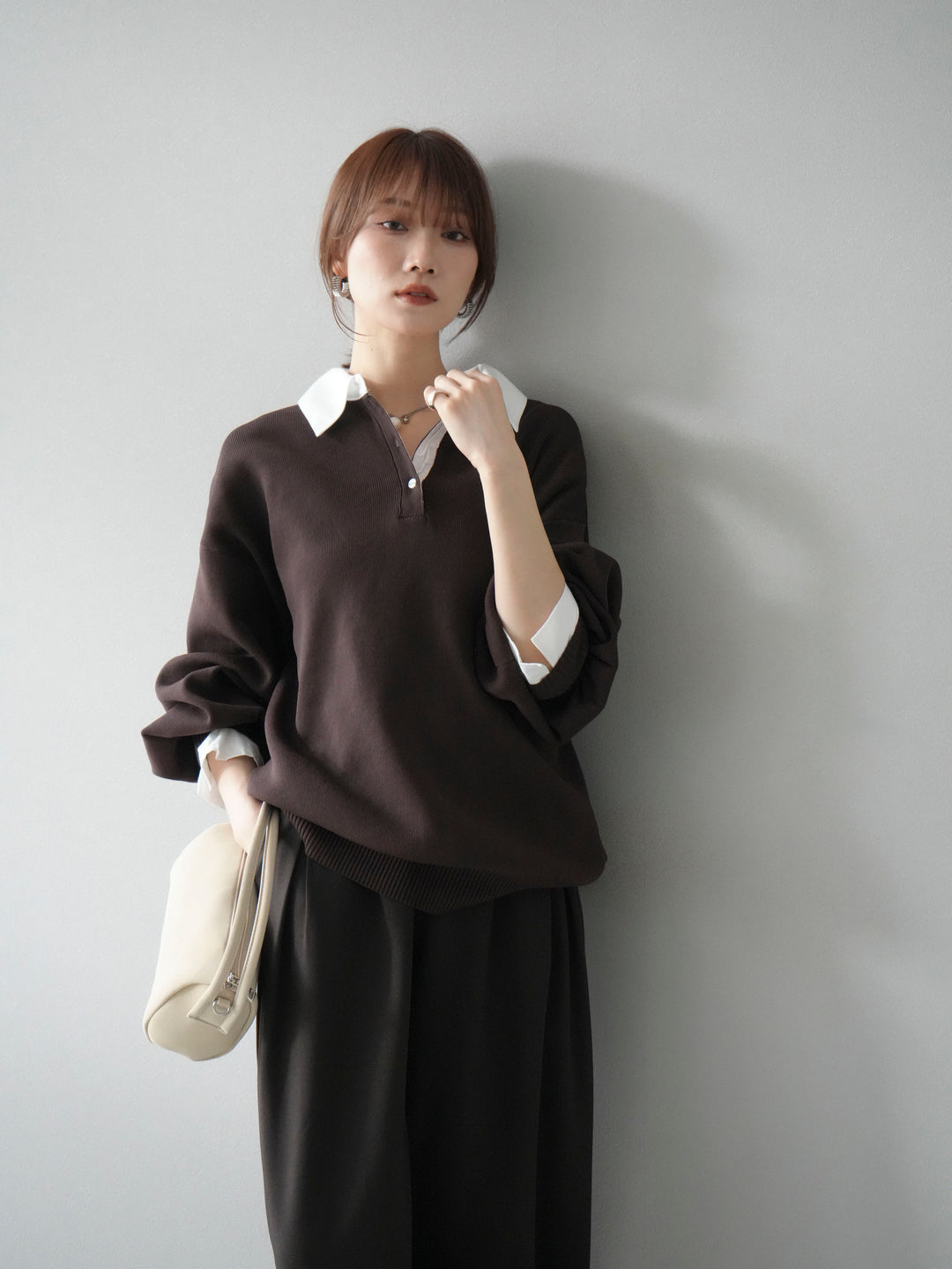 【SET】翻領polo針織套衫+雙褶闊腿褲（2件組）