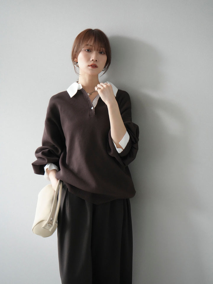 【SET】翻領polo針織套衫+雙褶闊腿褲（2件組）