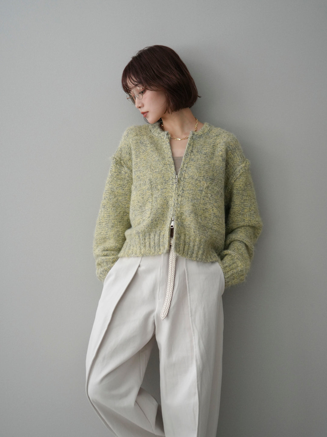 [SET]ミックスヤーンダブルZIPニットカーディガン+コットンツイルカーブパンツ(2set)