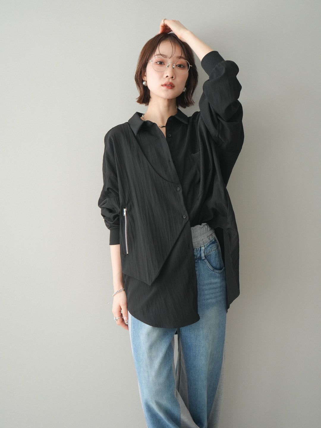 [予約]リブカフスアシンメトリーZIPデザインオーバーシャツ/black