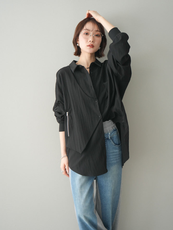 [予約]リブカフスアシンメトリーZIPデザインオーバーシャツ/black