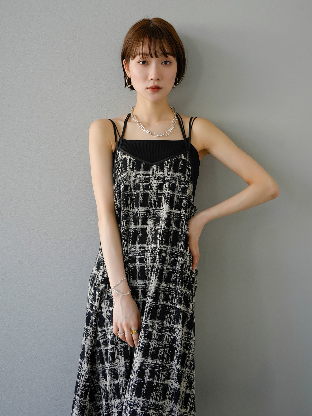 [Pre-order] Paint Check Print Cami Dress/Black