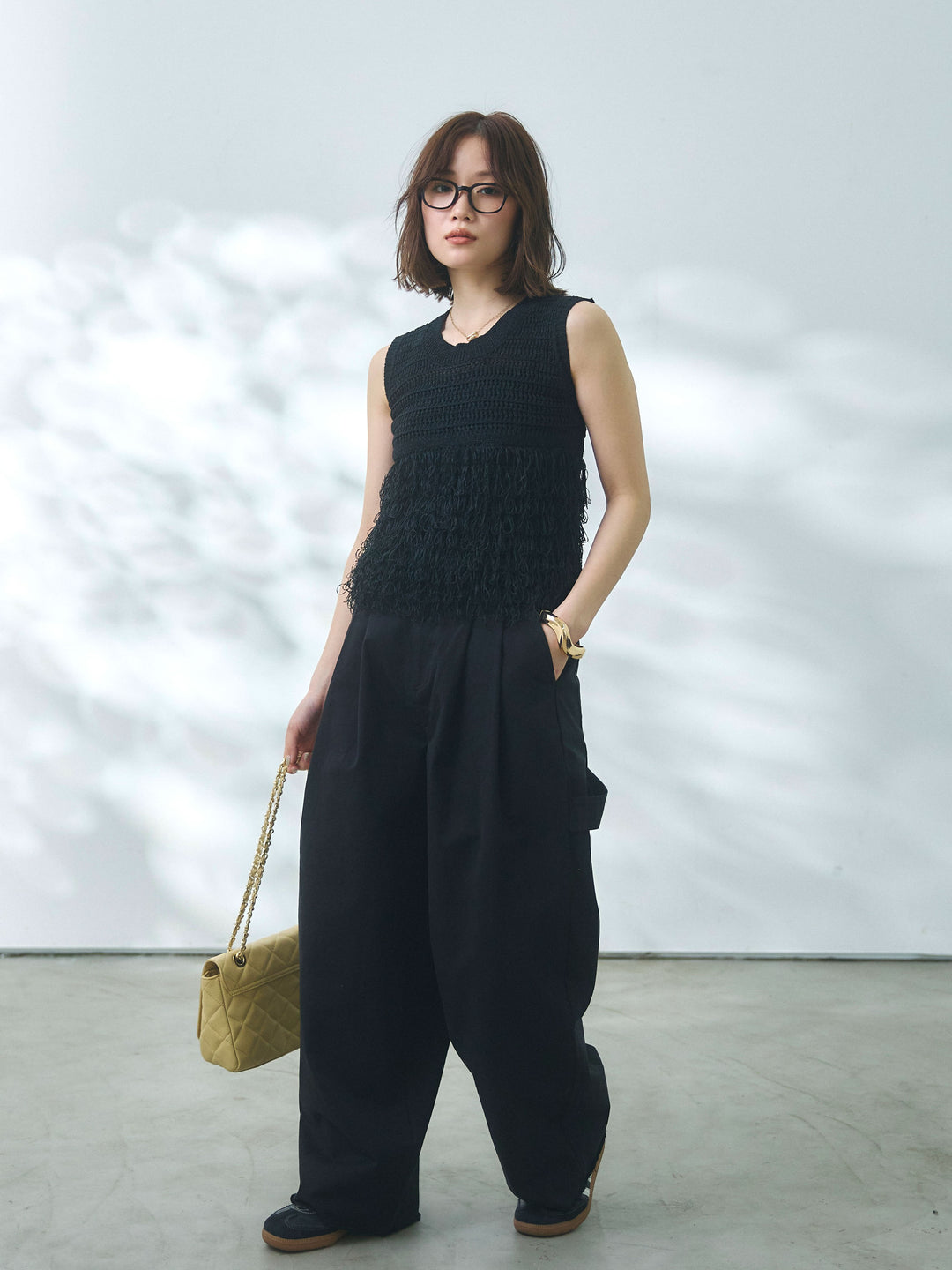 【Allure】[SET]フリンジクロップドニットベスト+カットオフコットンツイルタックワイドパンツ(2set)