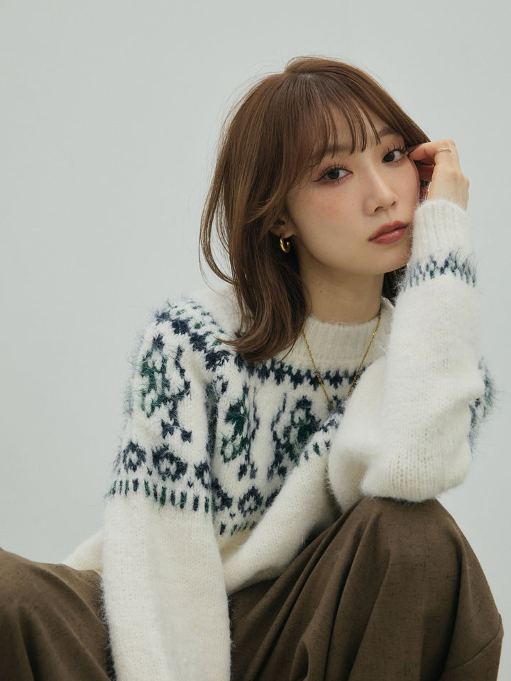 【Allure】[SET]ノルディック柄モックネックオーバニットプルオーバー+ノルディック柄モックネックオーバニットプルオーバー(2set)