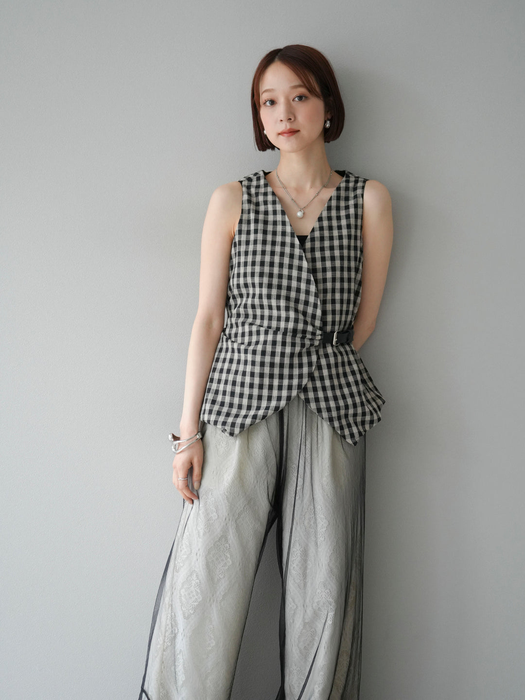 [SET]ベルトデザインバルーンブラウス+レースタックイージーパンツ(2set)