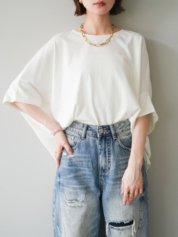 [SET]ドルマンワイドフレアトップス+ダメージカーブワイドデニムパンツ(2set)