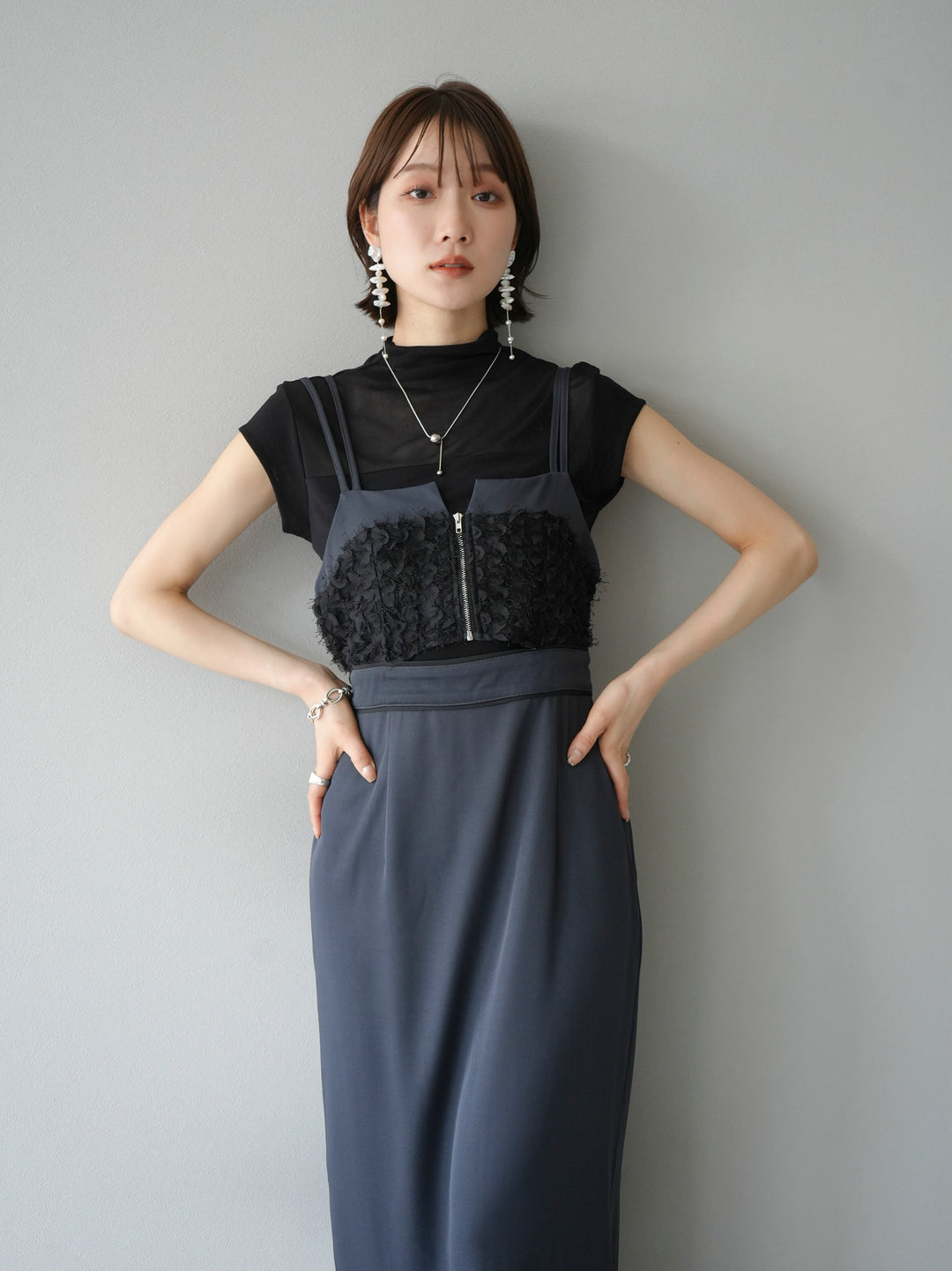 [Pre-order] Jacquard bustier design dress/charcoal