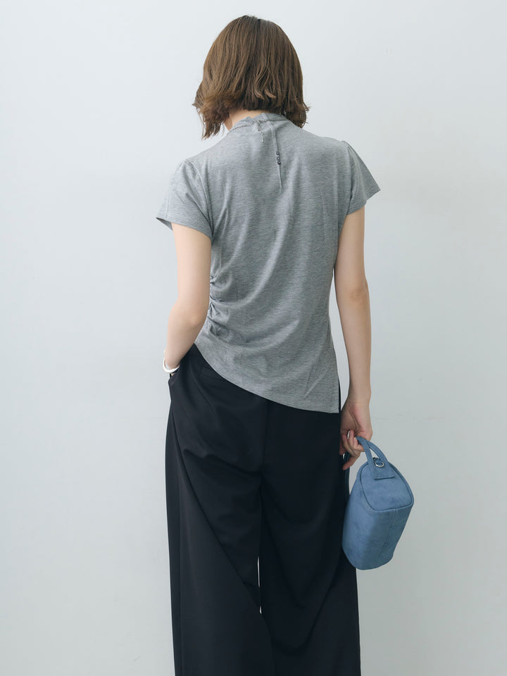 [SET]ヘムアシメバックボタンデザインフレンチトップ+クレープデシンタックワイドパンツ(2set)