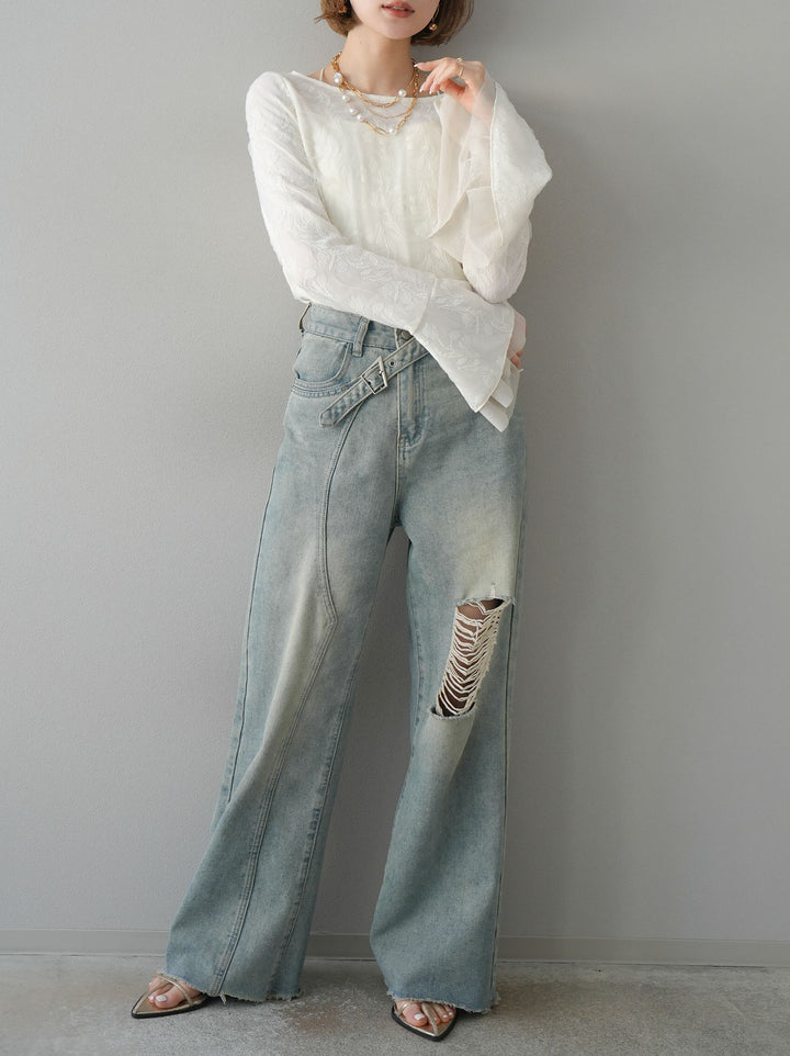 【預購】雙層紗布袖喇叭疊層提花上衣/象牙白