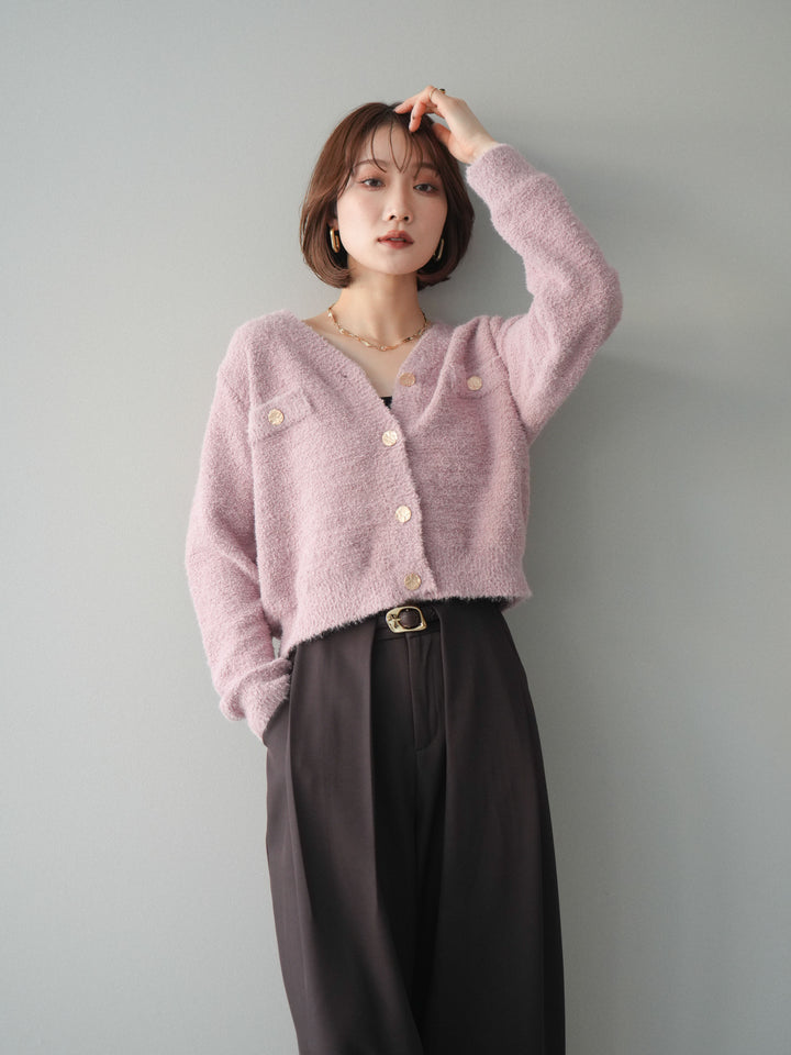 [SET]ゴールドボタンモールニットカーディガン+ベルトループデザインワイドパンツ(2set)