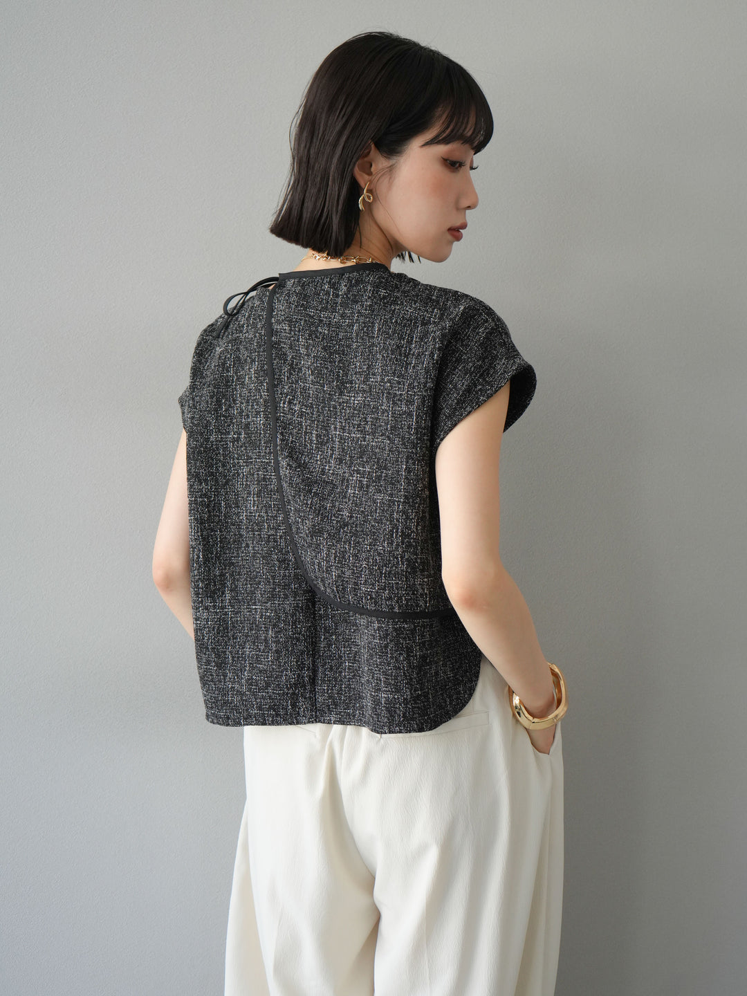 [SET]サマーツイードケープデザインプルオーバー+クレープシフォンタックワイドパンツ(2set)