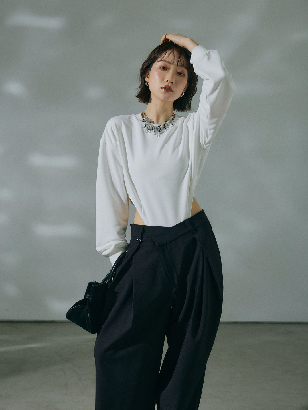 【Allure】[SET]スウェットボディスーツ+アシンメトリーウエストタックパンツ(2set)