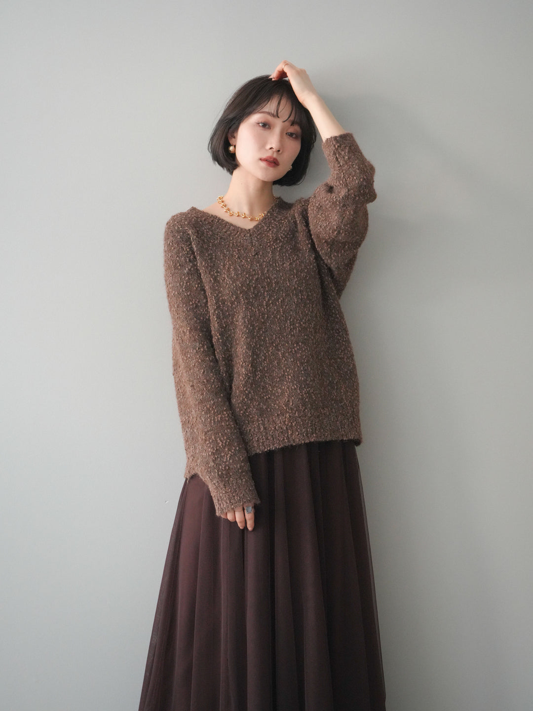 [SET]Vネックスラブニットプルオーバー+選べるアクセセット(2set)