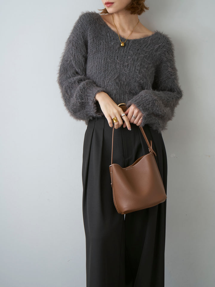 [予約]Vネックシャギークロップニットトップス/charcoal
