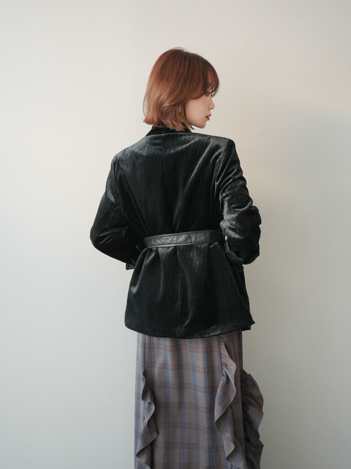 [SET]ベロアガウンジャケット+プチネックパワーショルダー起毛トップス+チェック柄フリルハイウエストマキシスカート(3set)
