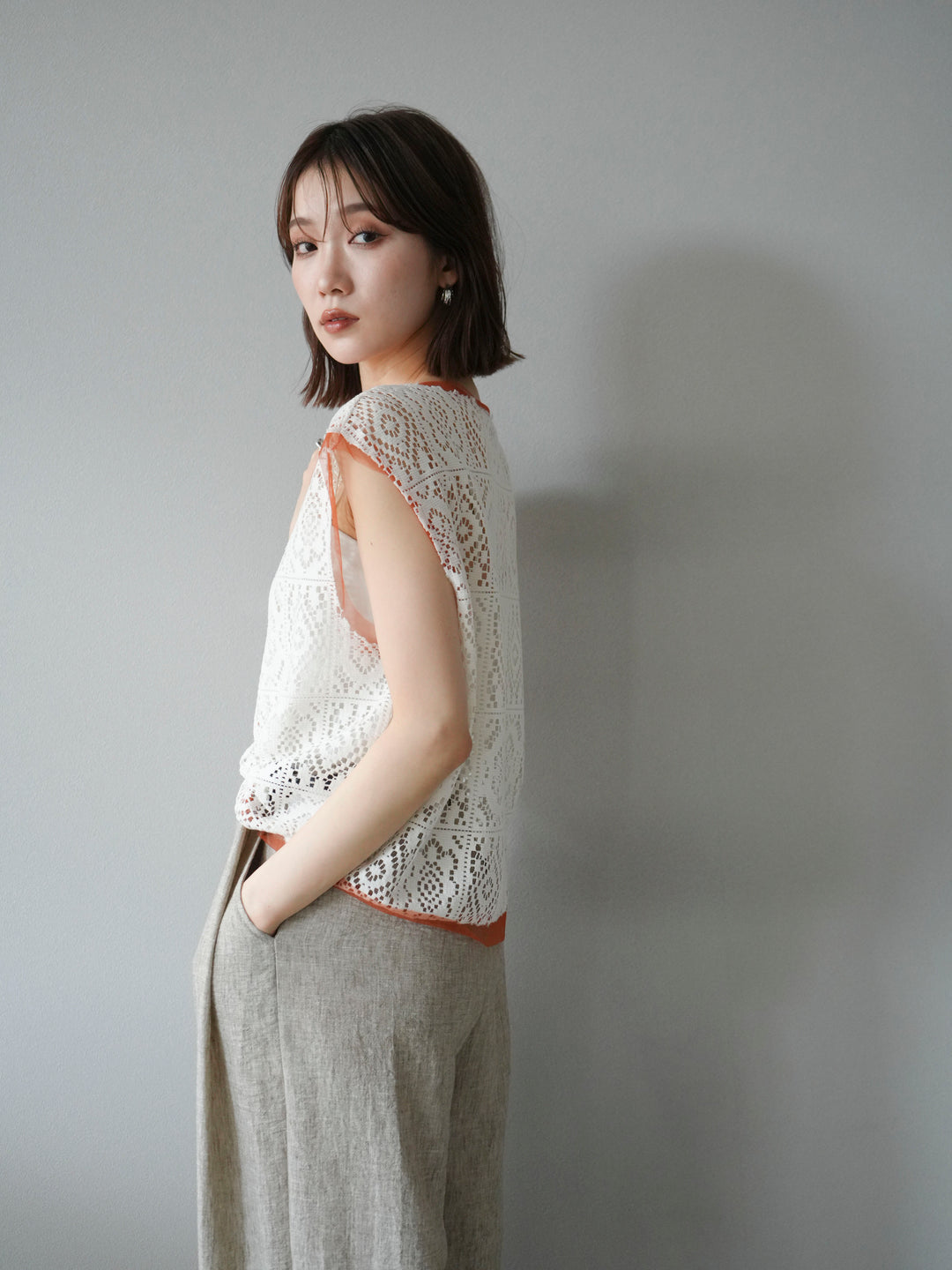 [予約]ブロックレースベスト/アイボリー