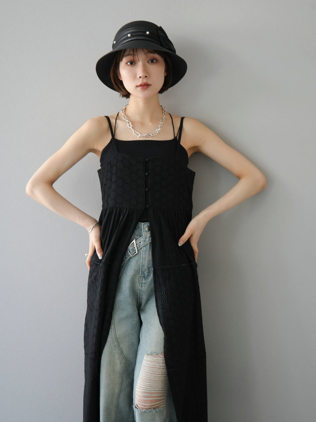 [Pre-order] Cotton patchwork lace camisole dress/black