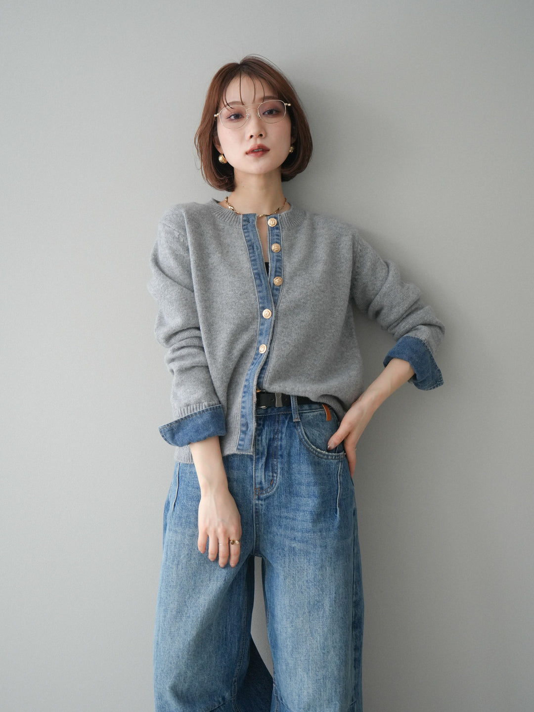 [予約]クルーネックデニムドッキングニットカーディガン/gray