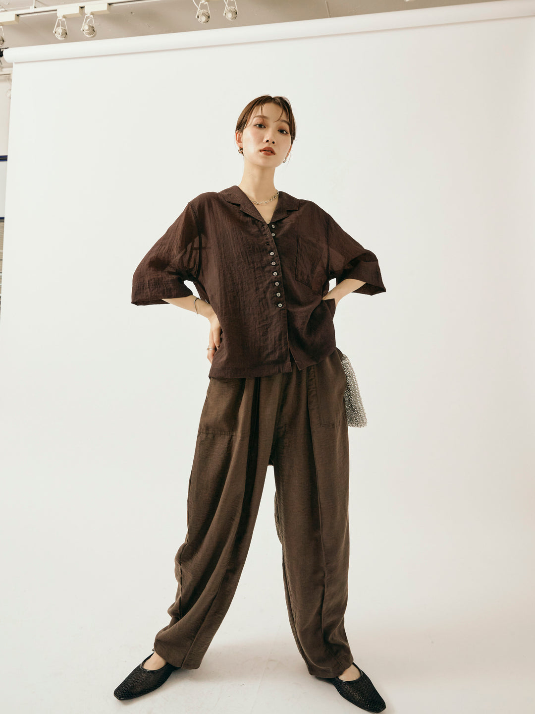 【Allure】[SET]シャイニースラブシアー開襟ハーフシャツ+リネンライクベイカーバルーンパンツ(2set)