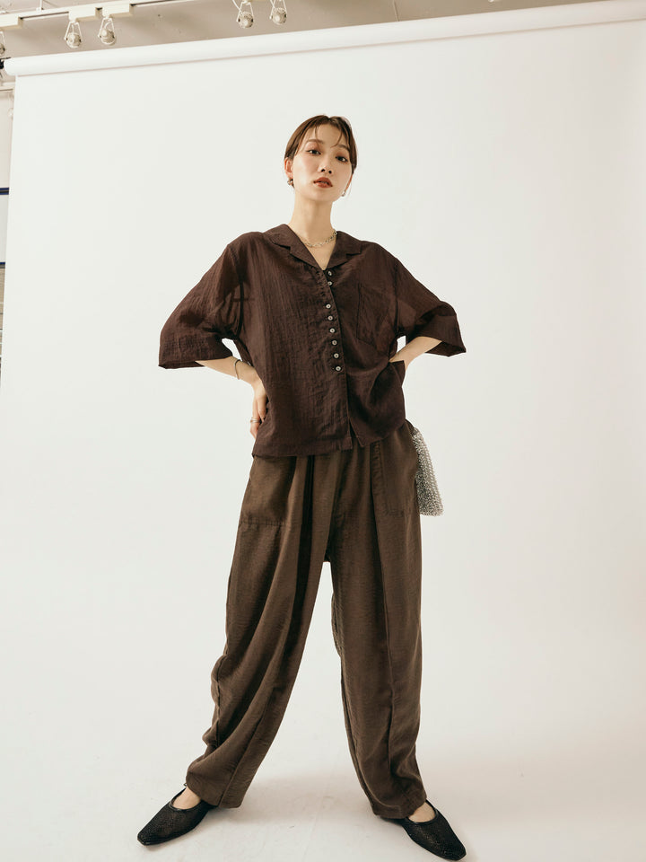 【Allure】[SET]シャイニースラブシアー開襟ハーフシャツ+リネンライクベイカーバルーンパンツ(2set)