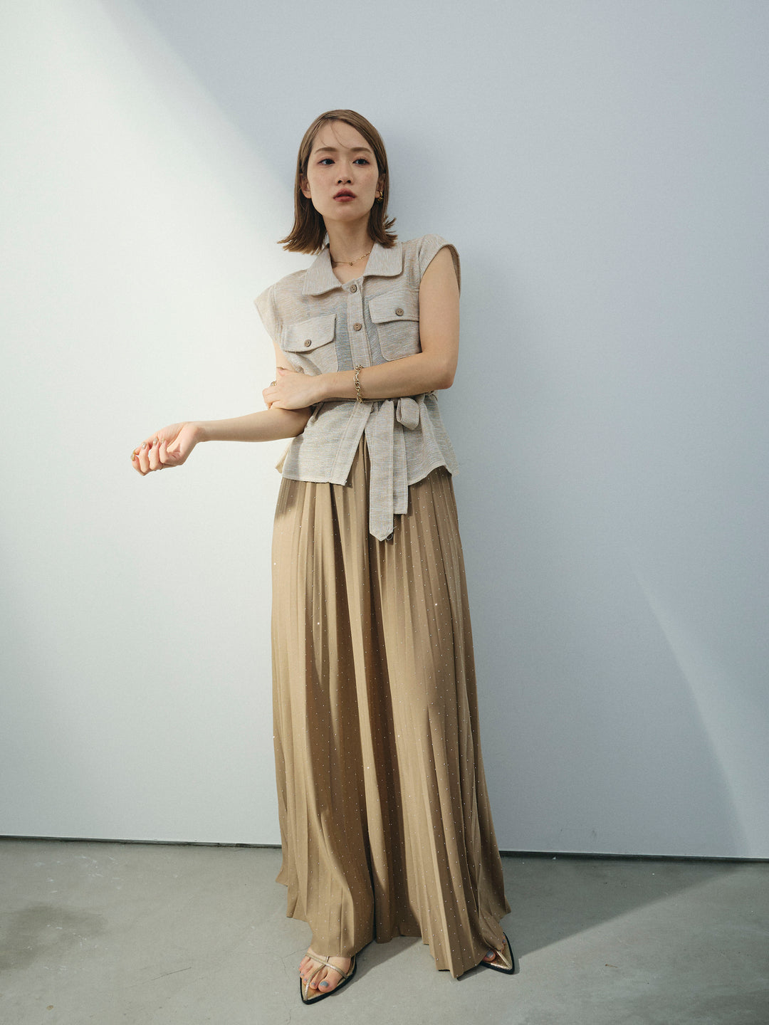 [SET]ミックスヤーンメッシュブラウス+ラインストーンプリーツスカート(2set)