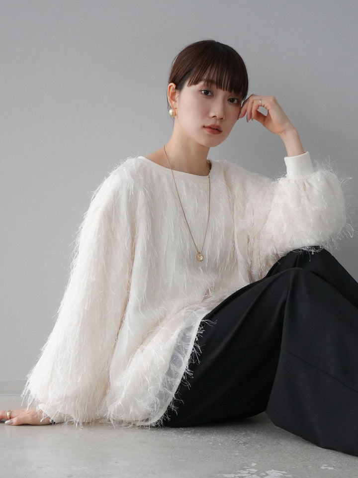 【預購】流蘇薄紗多層抓絨套頭衫/象牙色
