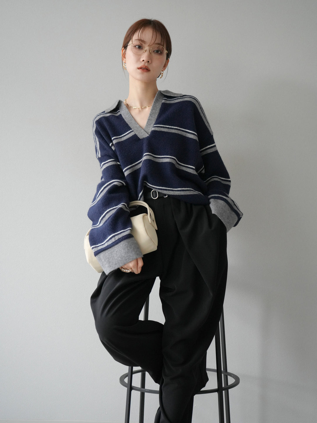 [予約]ポロ襟スキッパーボーダーニットプルオーバー/ネイビー