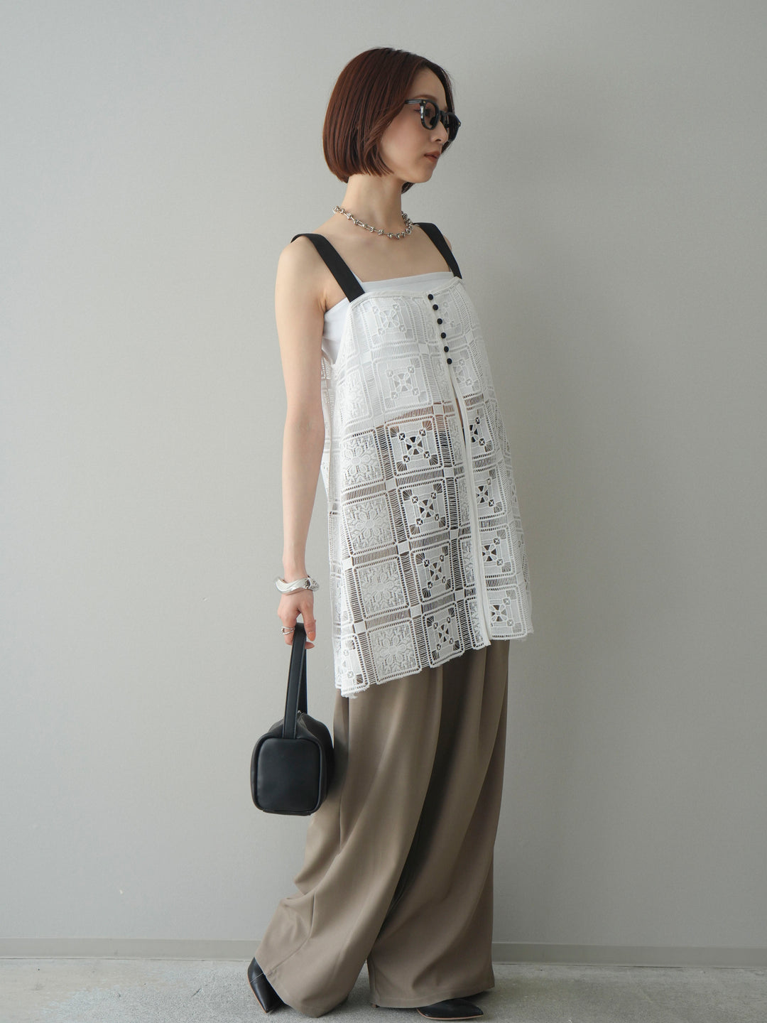 [SET]配色パネルレースキャミソール+ベルト付キーホルダーモチーフワイドパンツ(2set)