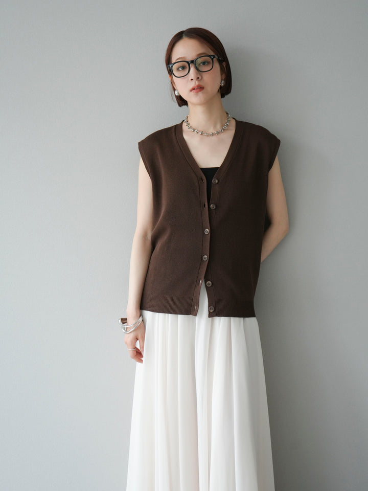 [SET] V領人造絲針織背心+雪紡喇叭裙（2件組）