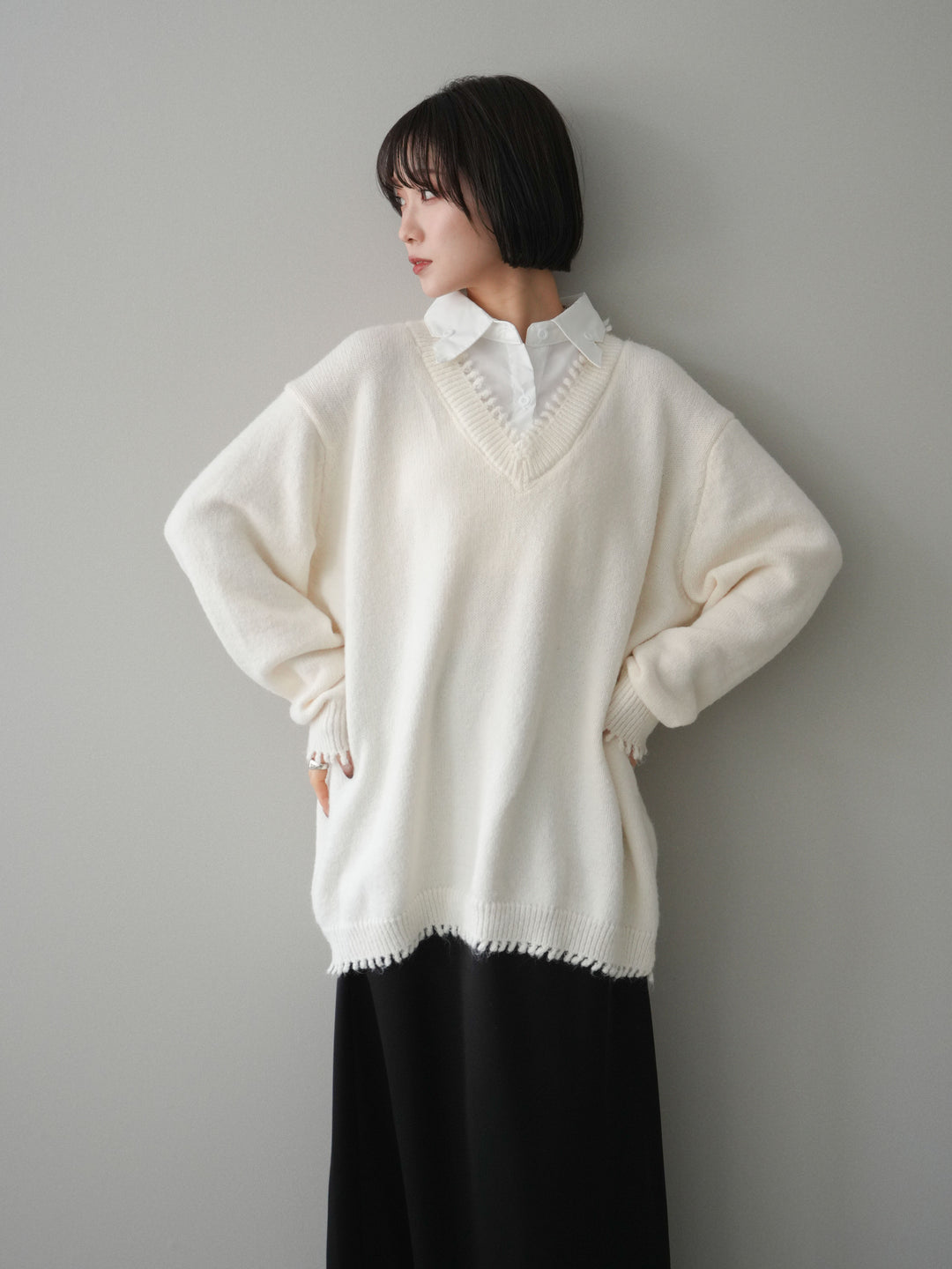 [SET]シャツドッキングVネックフリンジニットプルオーバー+選べるアクセセット(2set)