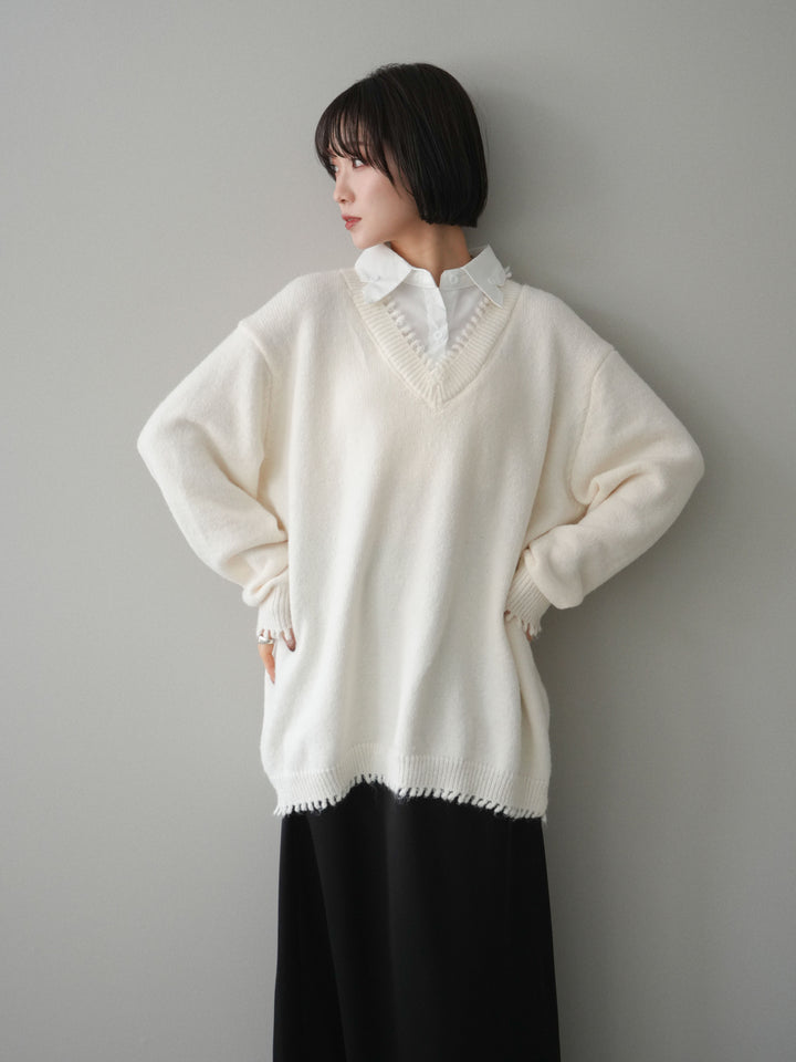 [SET]シャツドッキングVネックフリンジニットプルオーバー+選べるアクセセット(2set)