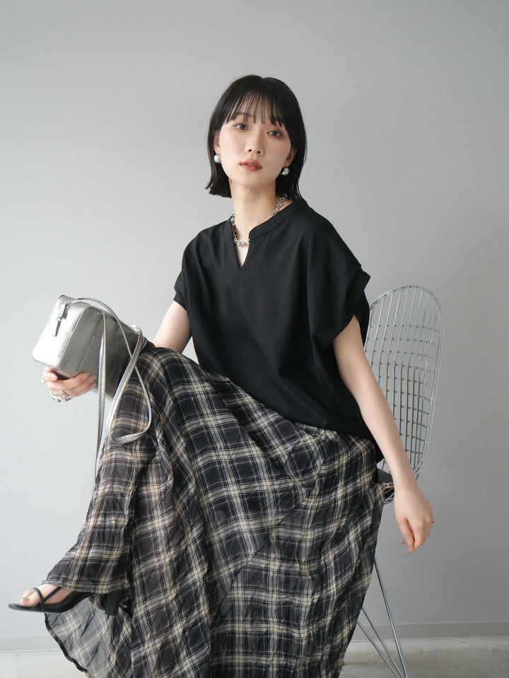 [予約]キーネックドルマンルーズコットンTシャツ/ブラック